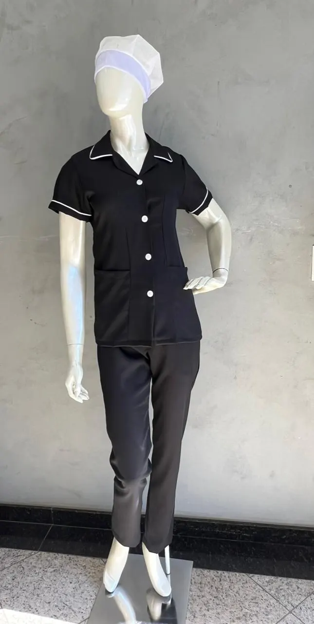Conjunto Camisa Manga Curta com Friso Branco Preta e Calça — Artveste Uniformes