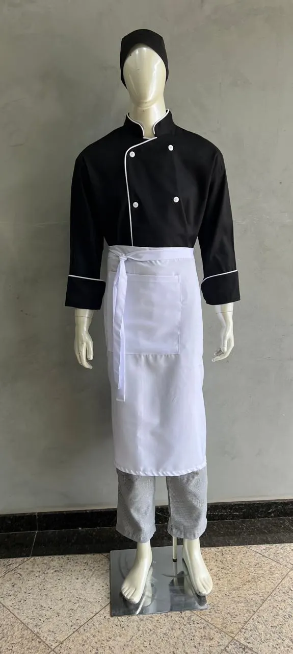 Dolma Chef Preta com Avental Branco e Calça Pied de Poule — Artveste Uniformes