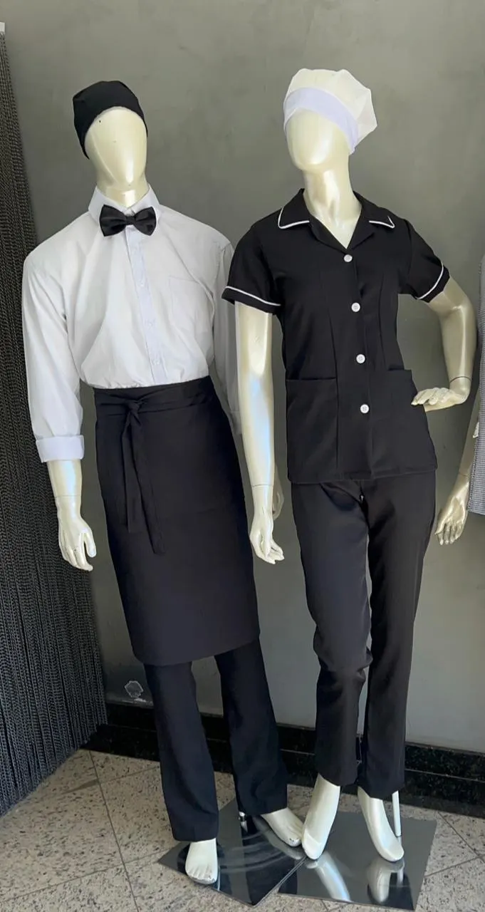Conjunto Branco Avental e Preto Friso — Artveste Uniformes